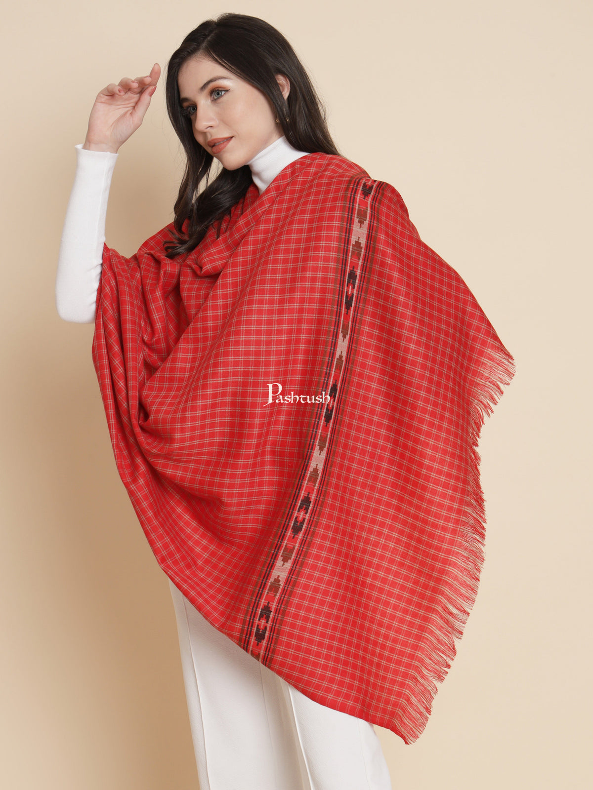 Pashtush India Gift Pack Pashtush His And Her Set Of Fine Wool Checkered Stole and Shawl With Premium Gift Box Packaging, Black and Red