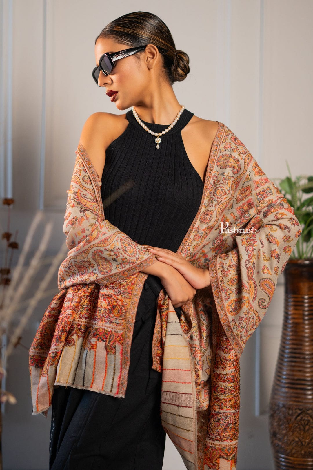 Pashtush India Gift Pack Pashtush His And Her Set Of Fine Wool Mens Shawl and Womens Stole, Premium Gift Box Packaging, Beige