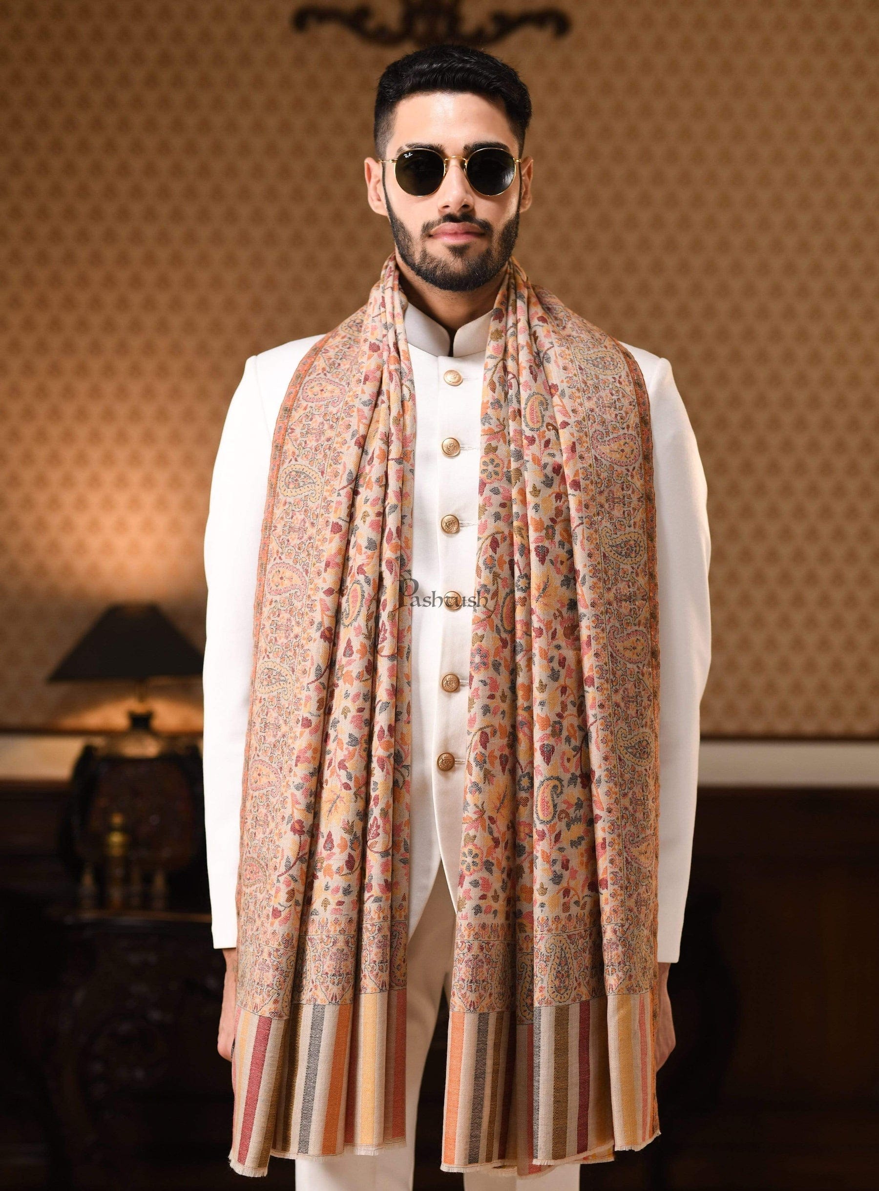 Pashtush India Gift Pack Pashtush His and Her set of Fine Wool Mens Stole and Womens Twilight Shawl, Premium Gift Box, Beige and Multicolour