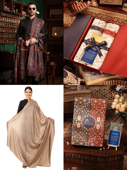 Pashtush India Gift Pack Pashtush His And Her Set Of Fine Wool Shawls, Premium Gift Box Packaging, Black and Beige