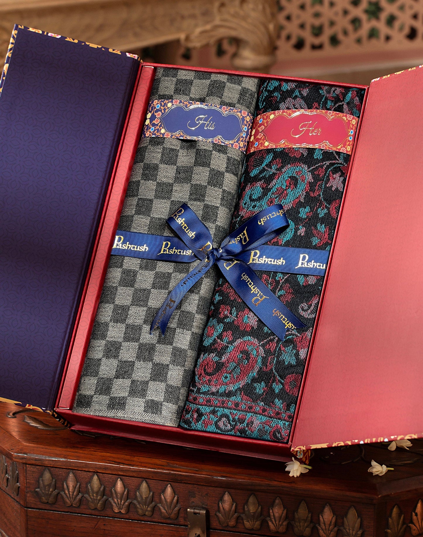 Pashtush India Gift Pack Pashtush His And Her Set Of Fine Wool Stole and Embroidery Shawl, Premium Gift Box Packaging, Black