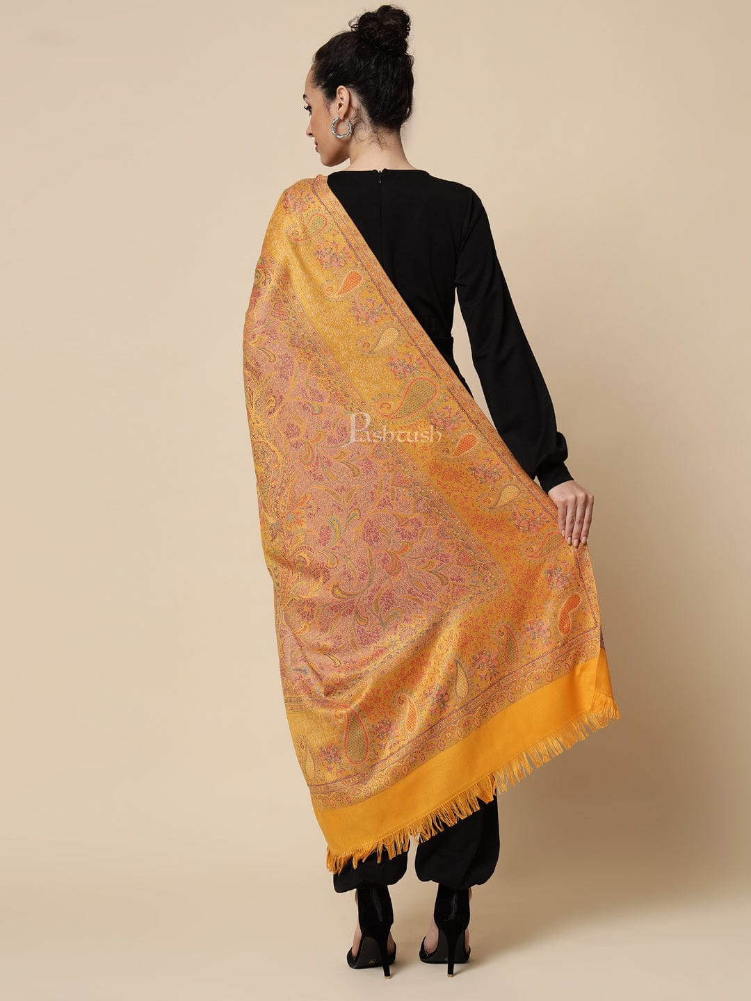 Pashtush India Gift Pack Pashtush His And Her Set Of Fine Wool Stole and Womens Faux , Premium Gift Box Packaging, Black & Mustard
