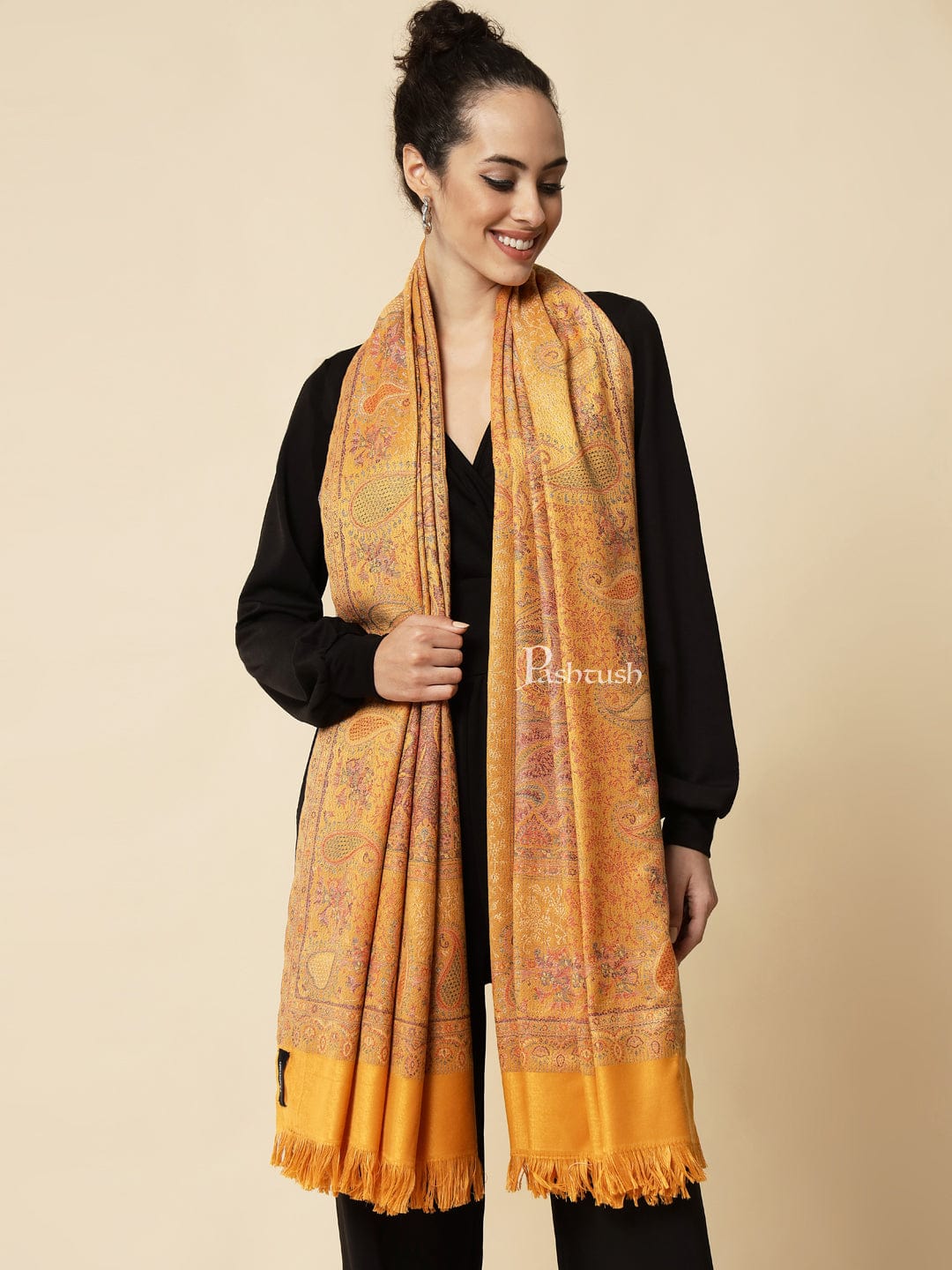 Pashtush India Gift Pack Pashtush His And Her Set Of Fine Wool Stole and Womens Faux , Premium Gift Box Packaging, Black & Mustard