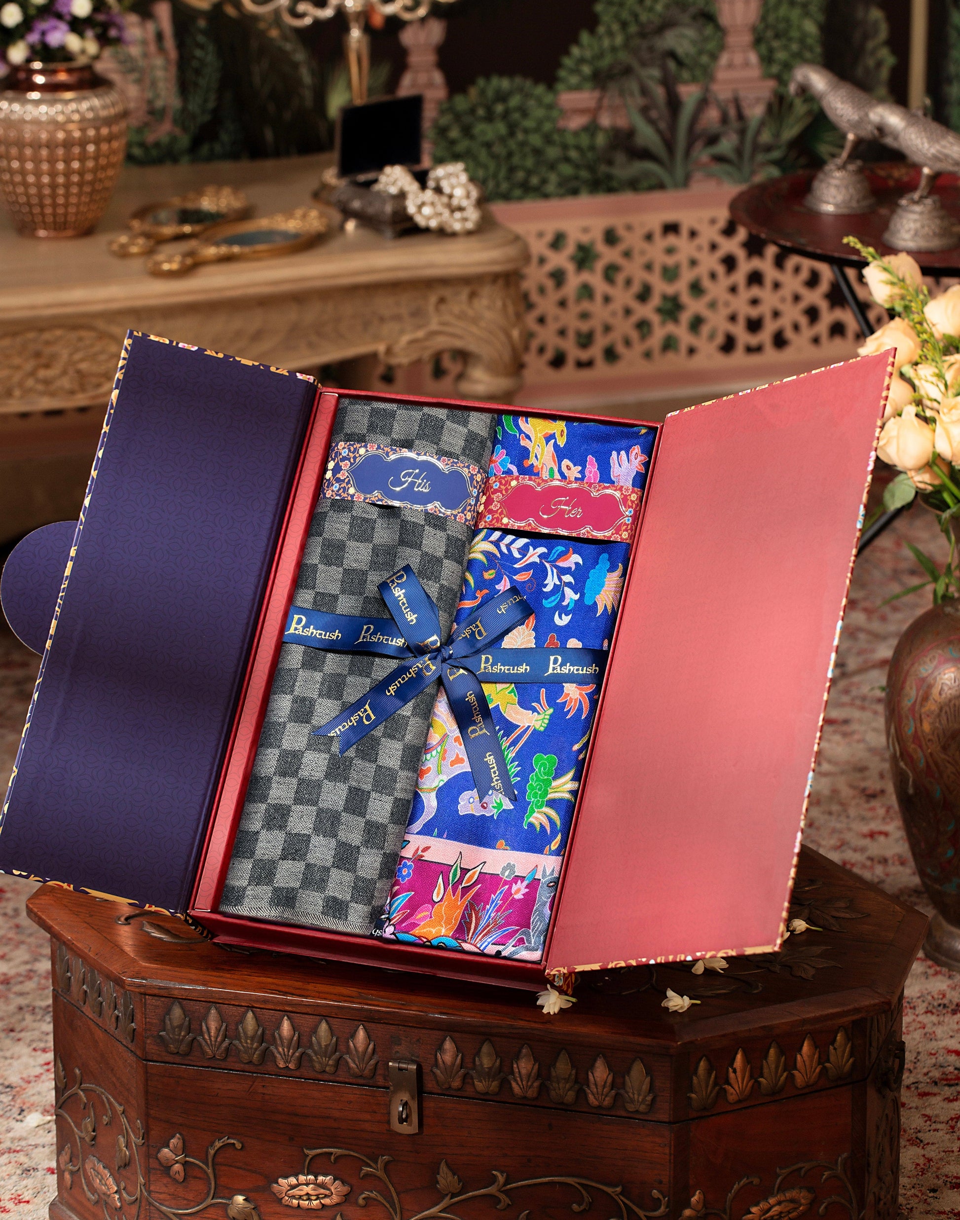 Pashtush India Gift Pack Pashtush His And Her Set Of Fine Wool Stole and Womens Shikardar Stole, Premium Gift Box Packaging, Black & Multicolour