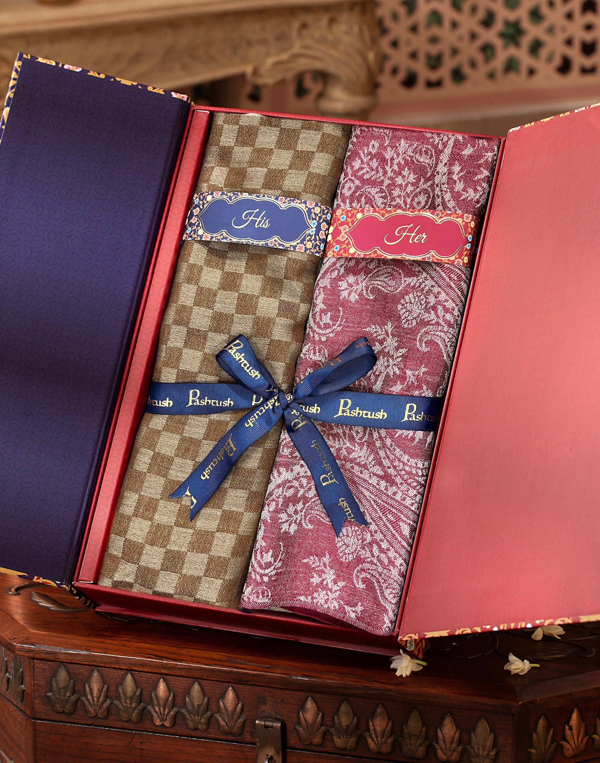 Pashtush India Gift Pack Pashtush His And Her Set Of Fine Wool Stoles, Premium Gift Box Packaging, Beige and Pink