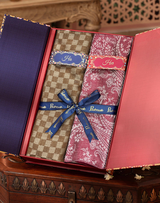 Pashtush India Gift Pack Pashtush His And Her Set Of Fine Wool Stoles, Premium Gift Box Packaging, Beige and Pink