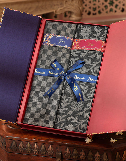 Pashtush India Gift Pack Pashtush His And Her Set Of Fine Wool Stoles, Premium Gift Box Packaging, Black