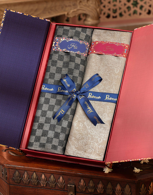 Pashtush India Gift Pack Pashtush His And Her Set Of Fine Wool Stoles, Premium Gift Box Packaging, Black & Beige