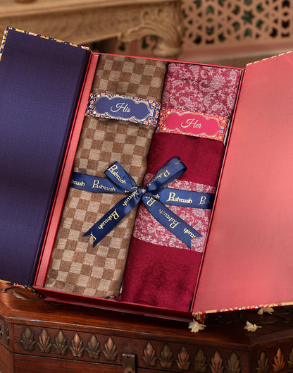 Pashtush India Gift Pack Pashtush His And Her Set Of Fine Wool Stoles, Premium Gift Box Packaging, Coffee and Maroon