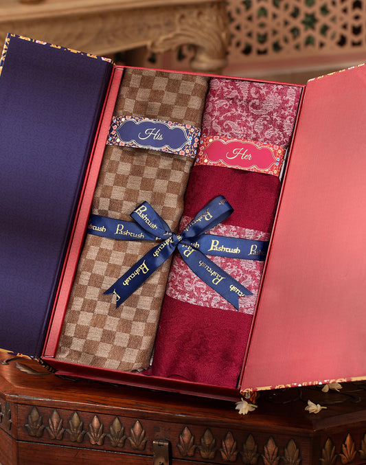 Pashtush India Gift Pack Pashtush His And Her Set Of Fine Wool Stoles, Premium Gift Box Packaging, Coffee and Maroon