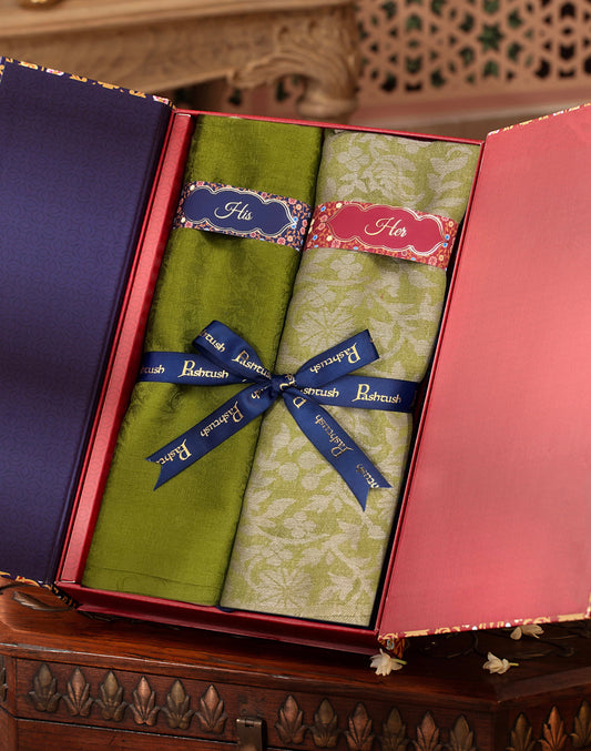 Pashtush India Gift Pack Pashtush His And Her Set Of Fine Wool Stoles, Premium Gift Box Packaging, Emerald Green