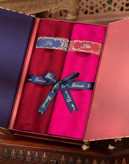 Pashtush India Gift Pack Pashtush His And Her Set Of Fine Wool Stoles, Premium Gift Box Packaging, Maroon and Neo Pink