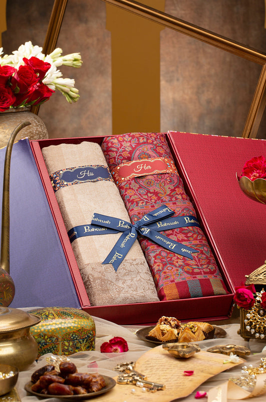 Pashtush India Gift Pack Pashtush His and Her Set of Fine Silk Wool Stoles with Premium Gift Box Packaging, Black and Crimson