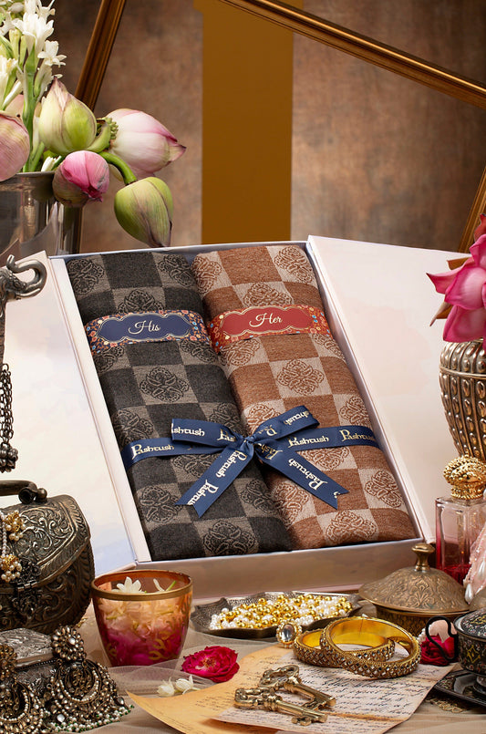 Pashtush India Gift Pack Pashtush His and Her Set of Fine Silk Wool Stoles with Premium Gift Box Packaging, Blue and Flamingo
