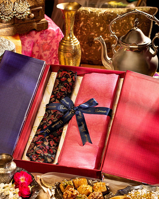 Pashtush India Gift Pack Pashtush His And Her Set Of Jacquard Necktie and Self Stole With Premium Gift Box Packaging, Black and Pink