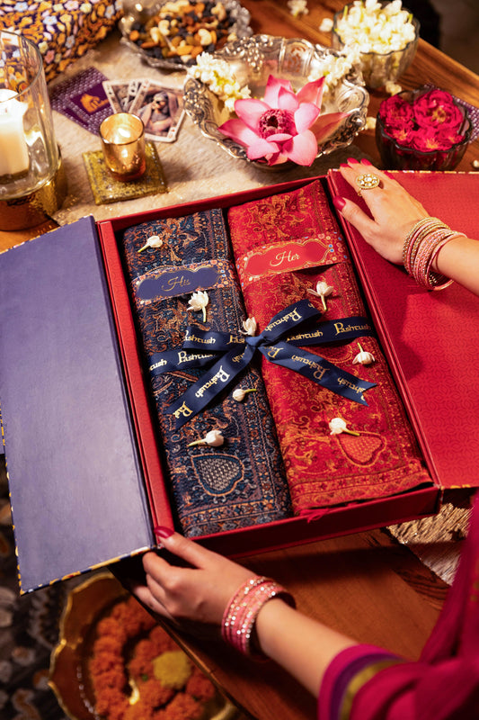 Pashtush India Gift Pack Pashtush His And Her Set Of Jamawar Stole and Shawl With Premium Gift Box Packaging, Navy Blue and Maroon