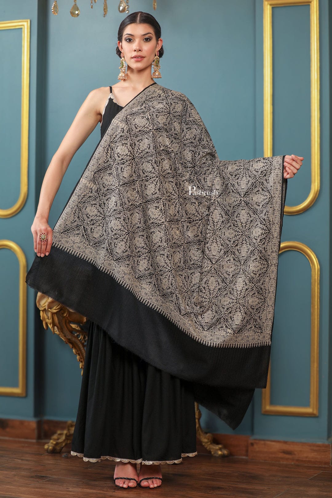 Pashtush India Gift Pack Pashtush His And Her Set Of Jamawar Stole and Womens Extra Fine Wool Shawl, Premium Gift Box Packaging, Black