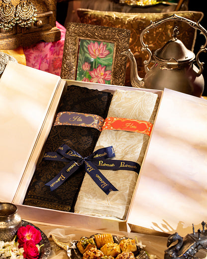 Pashtush India Gift Pack Pashtush His And Her Set Of Jaquard Metallic Weave Stole and Shawl With Premium Gift Box Packaging, Black and Ivory
