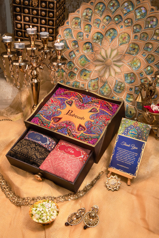 Pashtush India Gift Pack Pashtush His And Her Set Of Jaquard Metallic Weave Stole and Shawl With Premium Gift Box Packaging, Black and Pink