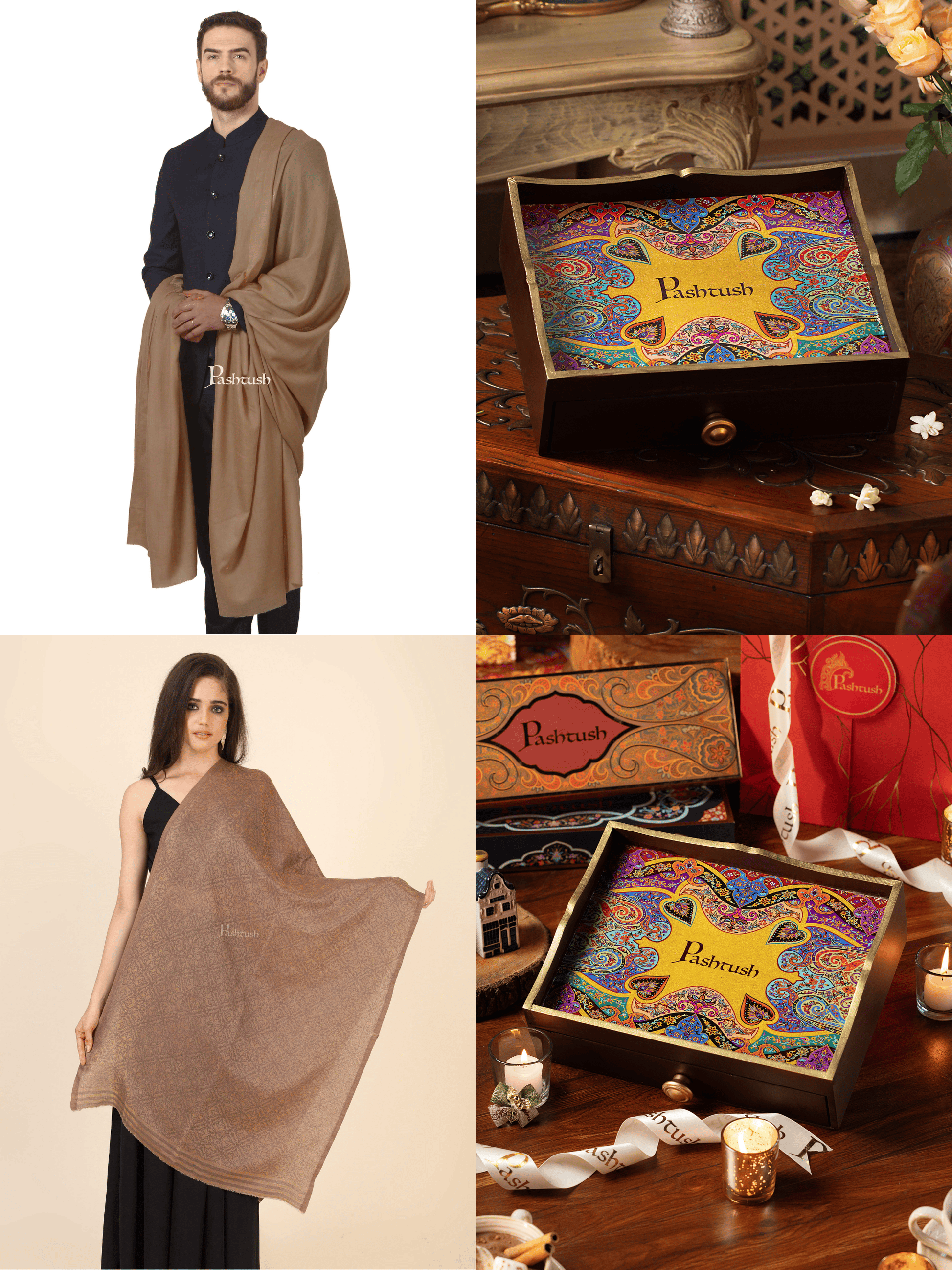 Pashtush India Gift Pack Pashtush His And Her Set Of Mens 100% Pure Wool Shawl and Womens Twilight Shawl With Wooden Chester Box, Taupe and Beige