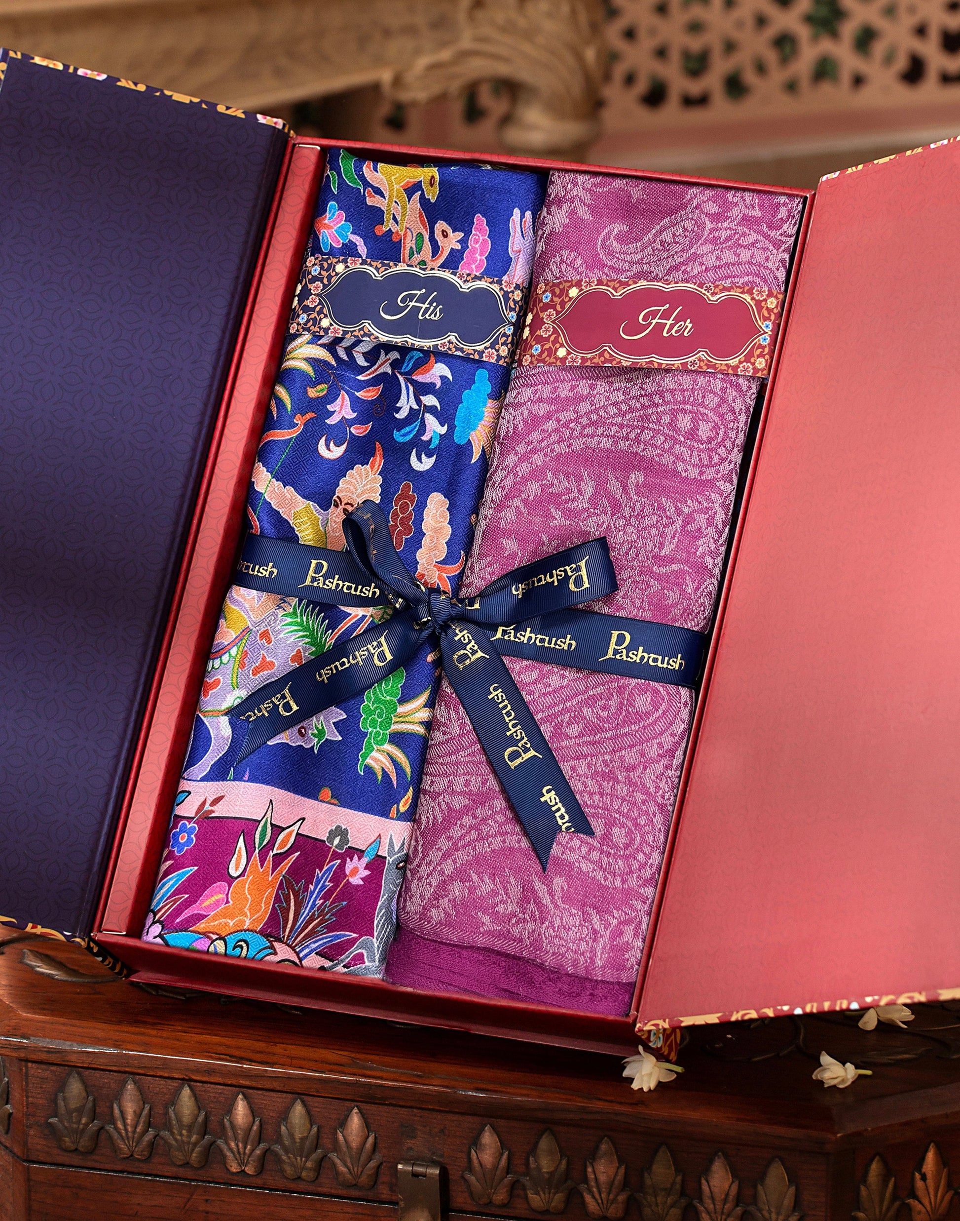 Pashtush India Gift Pack Pashtush His And Her Set Of Mens Bamboo Stole and Womens Fine wool Stole, Premium Gift Box Packaging, Blue and Pink
