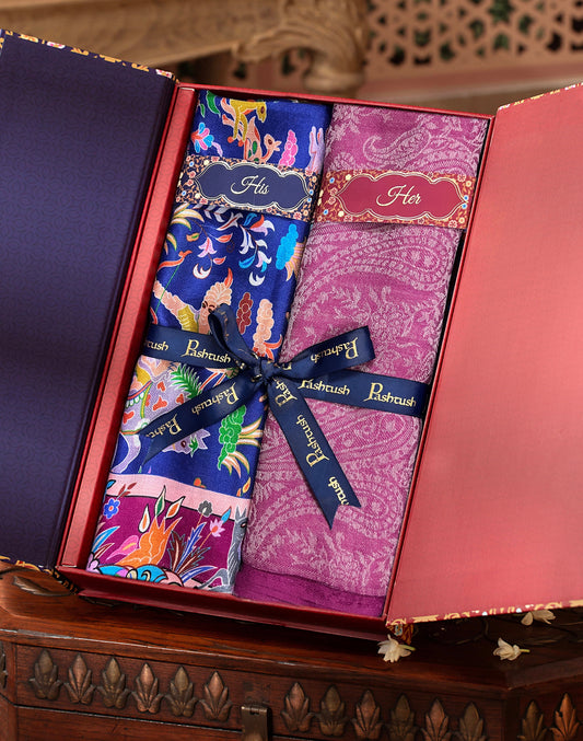 Pashtush India Gift Pack Pashtush His And Her Set Of Mens Bamboo Stole and Womens Fine wool Stole, Premium Gift Box Packaging, Blue and Pink