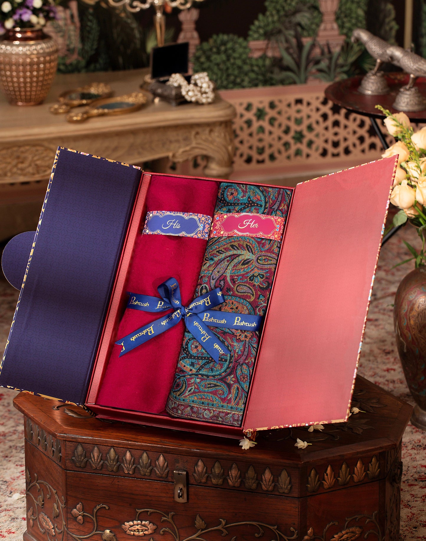 Pashtush India Gift Pack Pashtush His And Her Set Of Mens Checkerd Stole and Womens Faux Pashmina Shawl, Premium Gift Box Packaging, Black and Multicolour