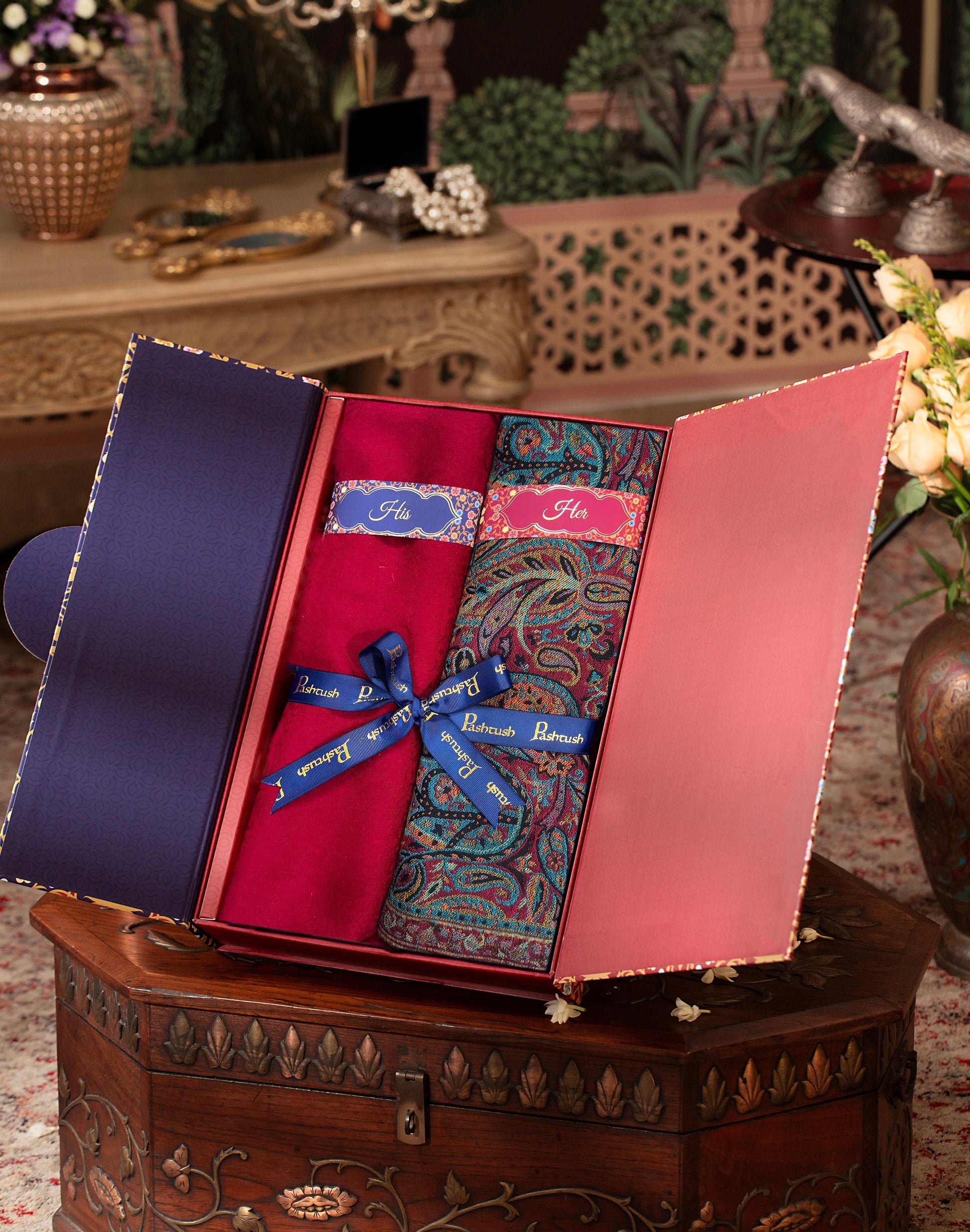 Pashtush India Gift Pack Pashtush His And Her Set Of Mens Checkerd Stole and Womens Faux Pashmina Shawl, Premium Gift Box Packaging, Black and Multicolour