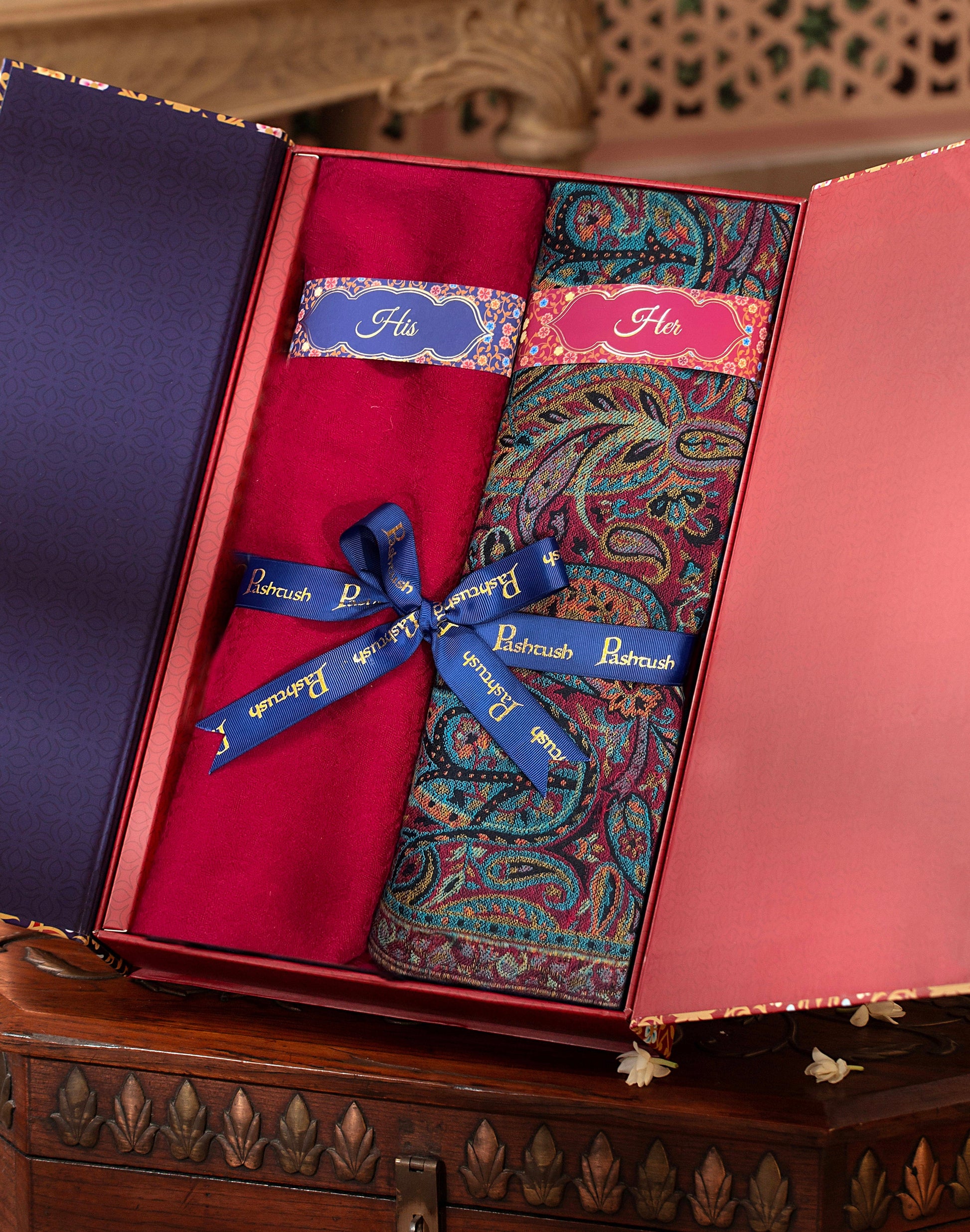Pashtush India Gift Pack Pashtush His And Her Set Of Mens Checkerd Stole and Womens Faux Pashmina Shawl, Premium Gift Box Packaging, Black and Multicolour