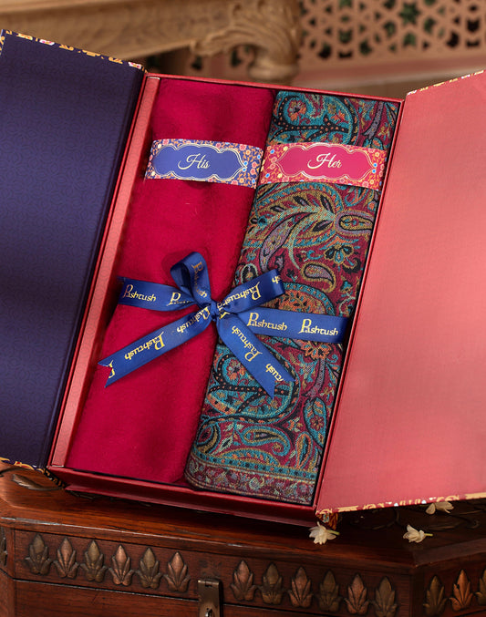 Pashtush India Gift Pack Pashtush His And Her Set Of Mens Checkerd Stole and Womens Faux Pashmina Shawl, Premium Gift Box Packaging, Black and Multicolour