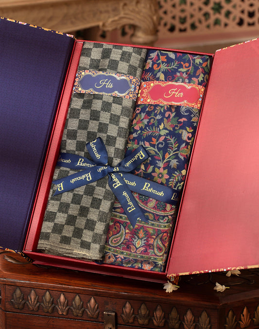 Pashtush India Gift Pack Pashtush His And Her Set Of Mens Checkerd Stole and Womens Faux Pashmina Shawl, Premium Gift Box Packaging, Black and Multicolour