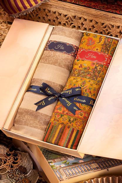 Pashtush India Gift Pack Pashtush His And Her Set Of Mens Extra Fine Wool Shawl and Womens 100% Pure Wool Stole, Premium Gift Box Packaging, Beige and Mustard