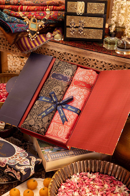 Pashtush India Gift Pack Pashtush His And Her Set Of Mens Extra Fine Wool Stole and Womens Bamboo Stole, Premium Gift Box Packaging, Black and Red