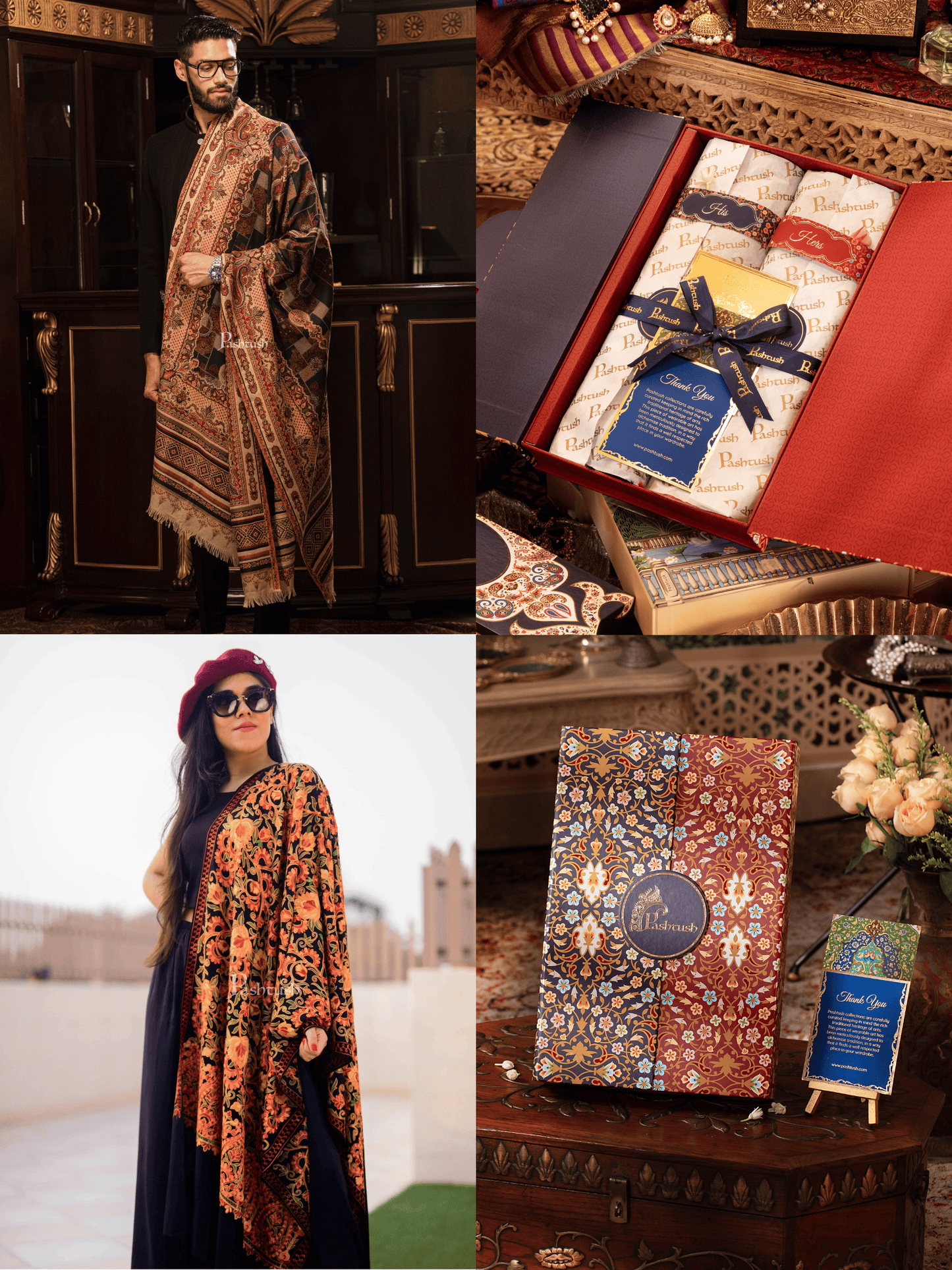 Pashtush India Gift Pack Pashtush His And Her Set Of Mens Faux Pashmina Stole and Womens Aari Embroidery Stole, Premium Gift Box Packaging, Multicolour and Black