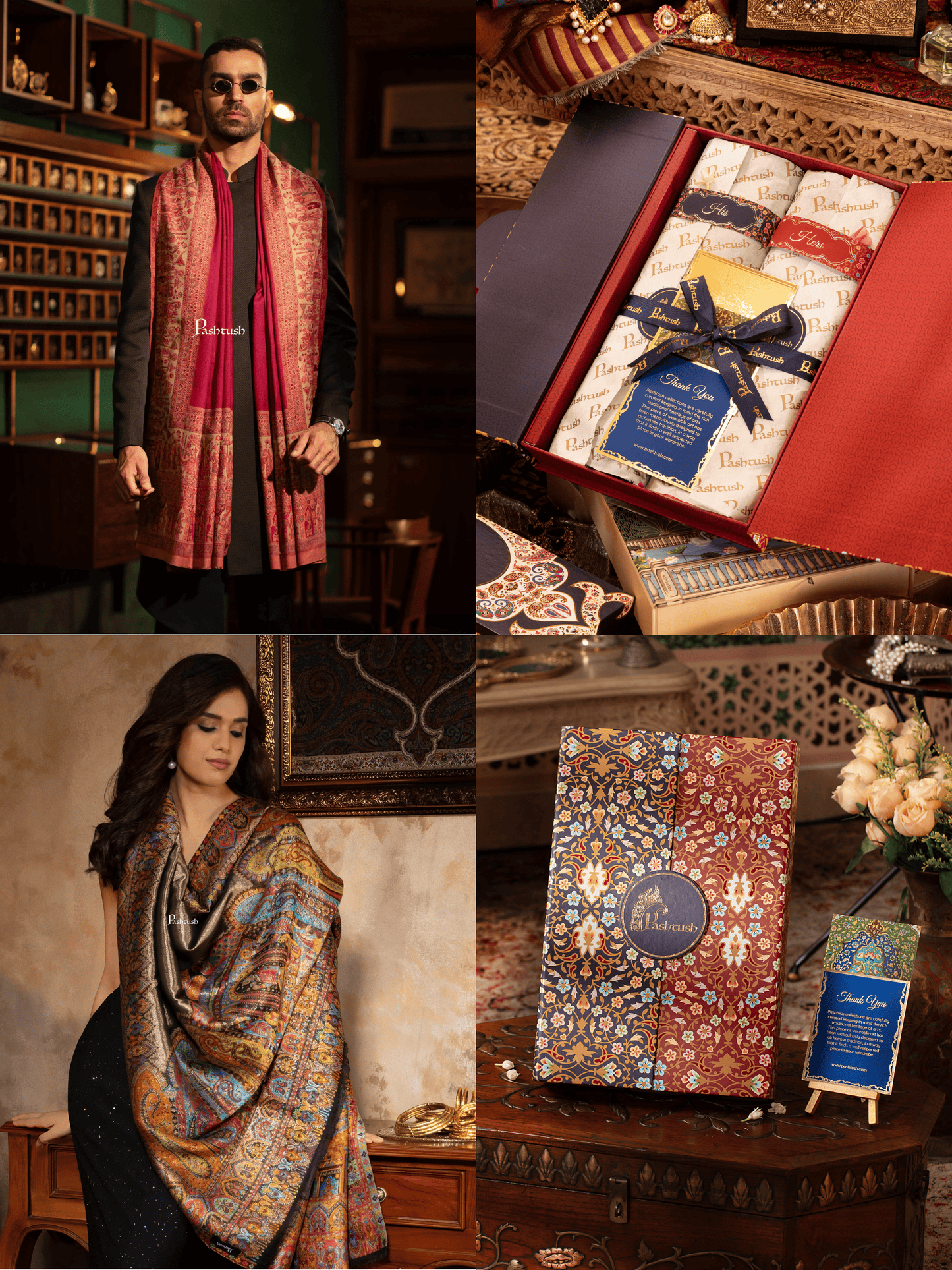 Pashtush India Gift Pack Pashtush His And Her Set Of Mens Faux Pashmina Stole and Womens Darbar Shawl, Premium Gift Box Packaging, Maroon and Multicolour