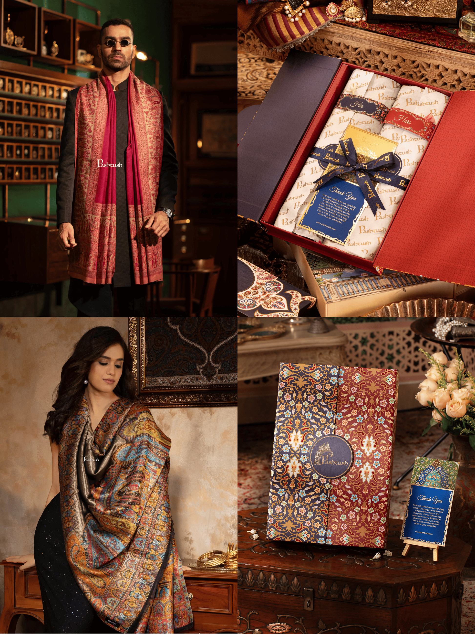 Pashtush India Gift Pack Pashtush His And Her Set Of Mens Faux Pashmina Stole and Womens Darbar Shawl, Premium Gift Box Packaging, Maroon and Multicolour