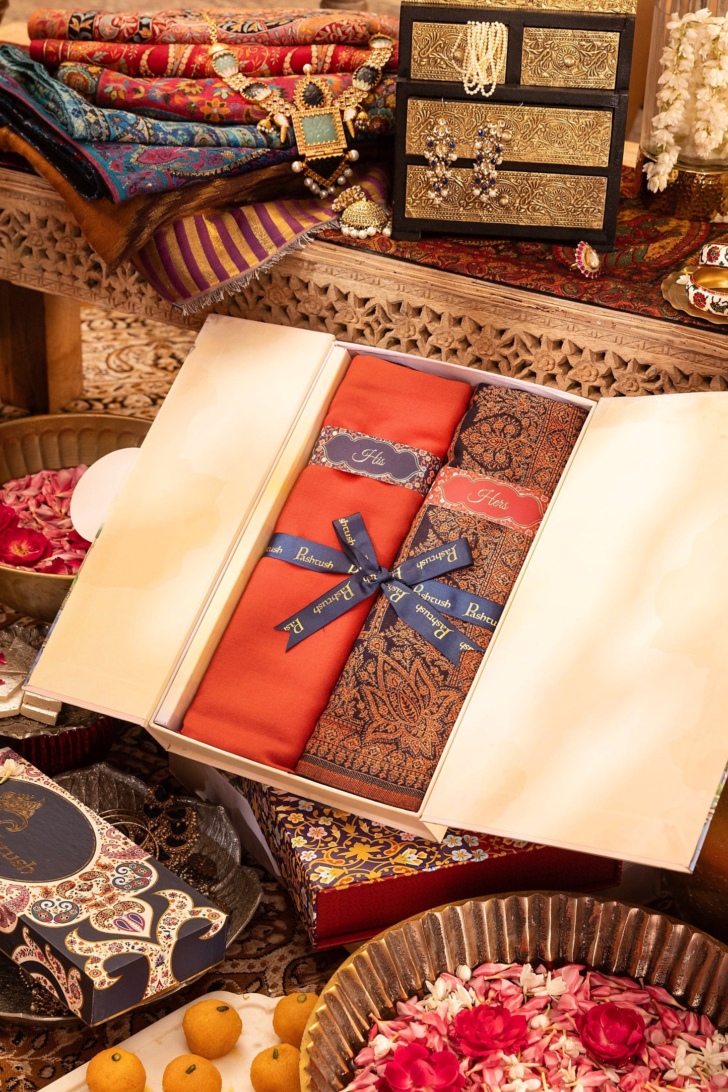 Pashtush India Gift Pack Pashtush His And Her Set Of Mens Fine Wool and Womens Faux Pashmina Shawl, Premium Gift Box Packaging, Red and Navy Blue