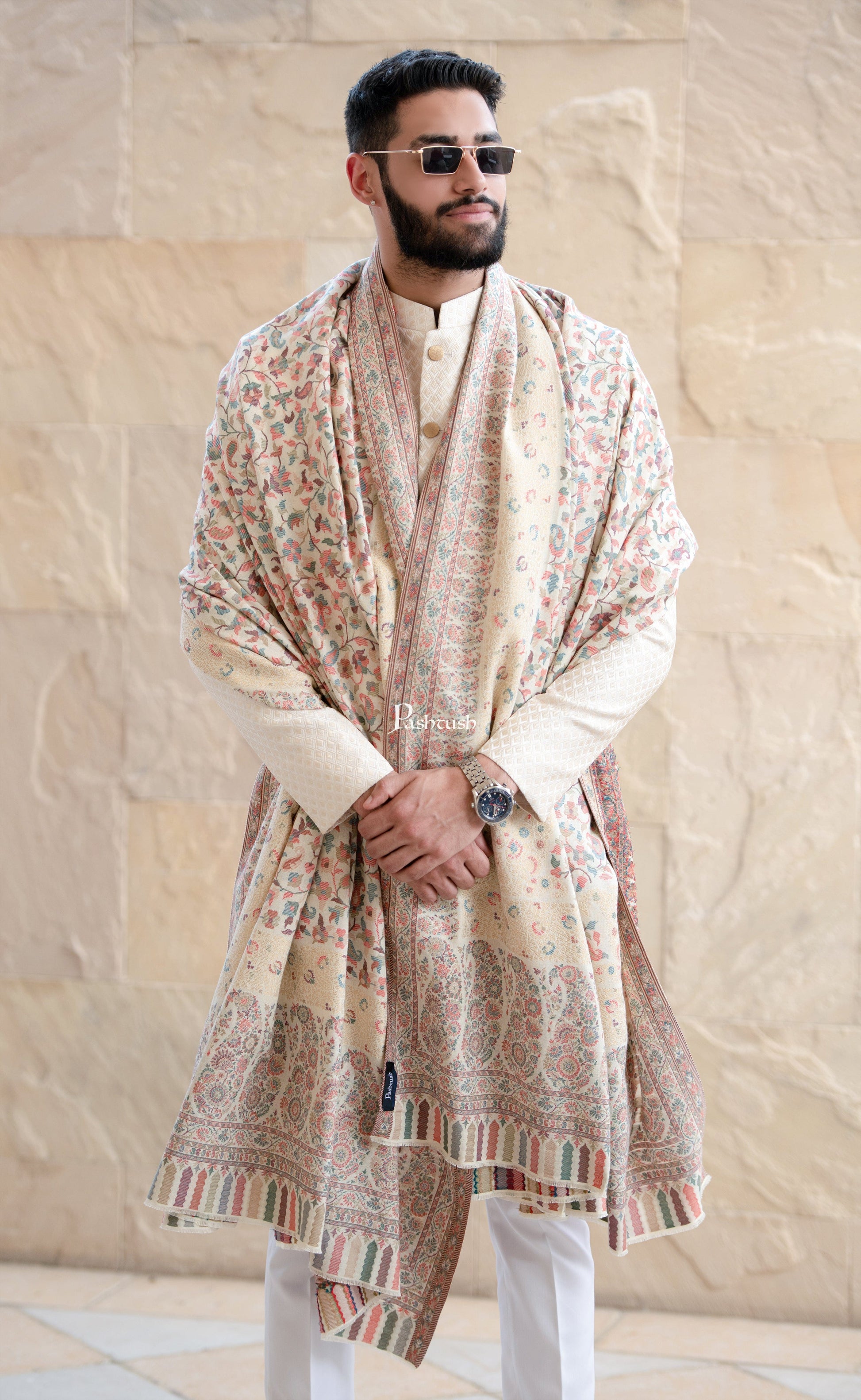 Pashtush India Gift Pack Pashtush His And Her Set Of Mens Fine Wool Lohi and Womens Reversible Bamboo Stole, Premium Gift Box Packaging, Ivory and Peach