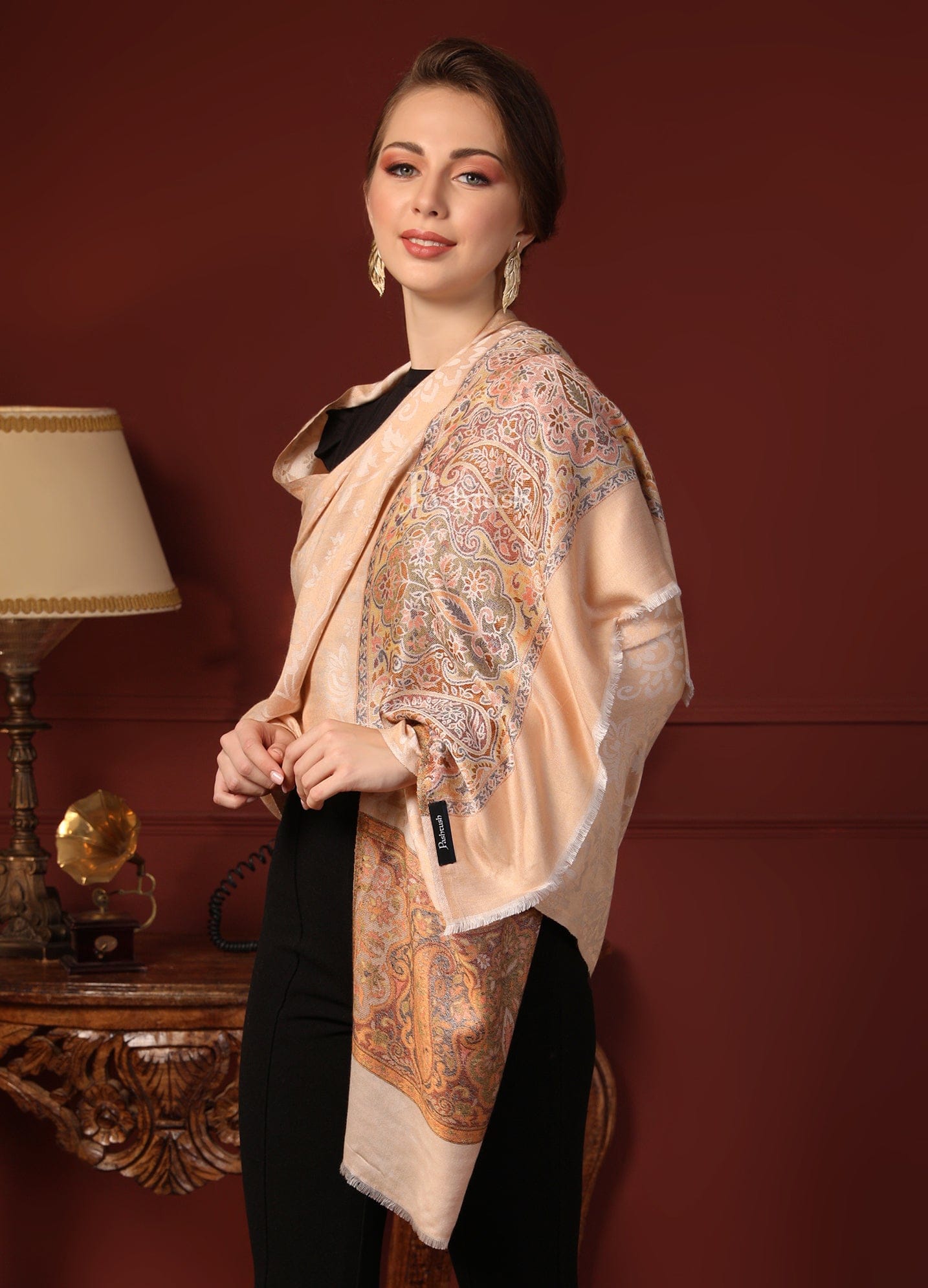 Pashtush India Gift Pack Pashtush His And Her Set Of Mens Fine Wool Lohi and Womens Reversible Bamboo Stole, Premium Gift Box Packaging, Ivory and Peach