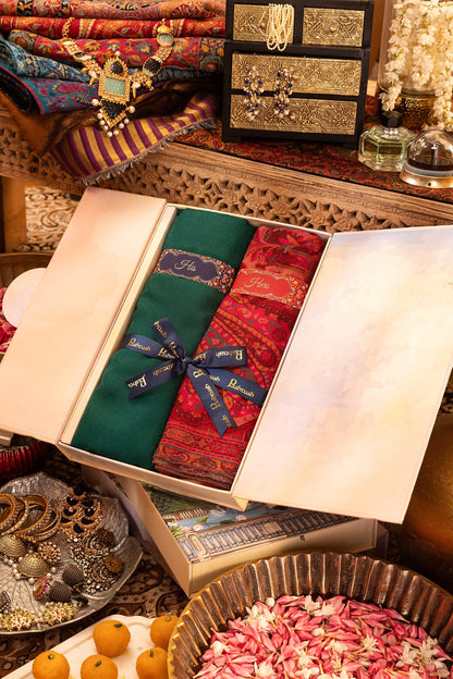 Pashtush India Gift Pack Pashtush His And Her Set Of Mens Fine Wool Muffler and Womens 100% Pure Wool Shawl, Premium Gift Box Packaging, Green and Maroon