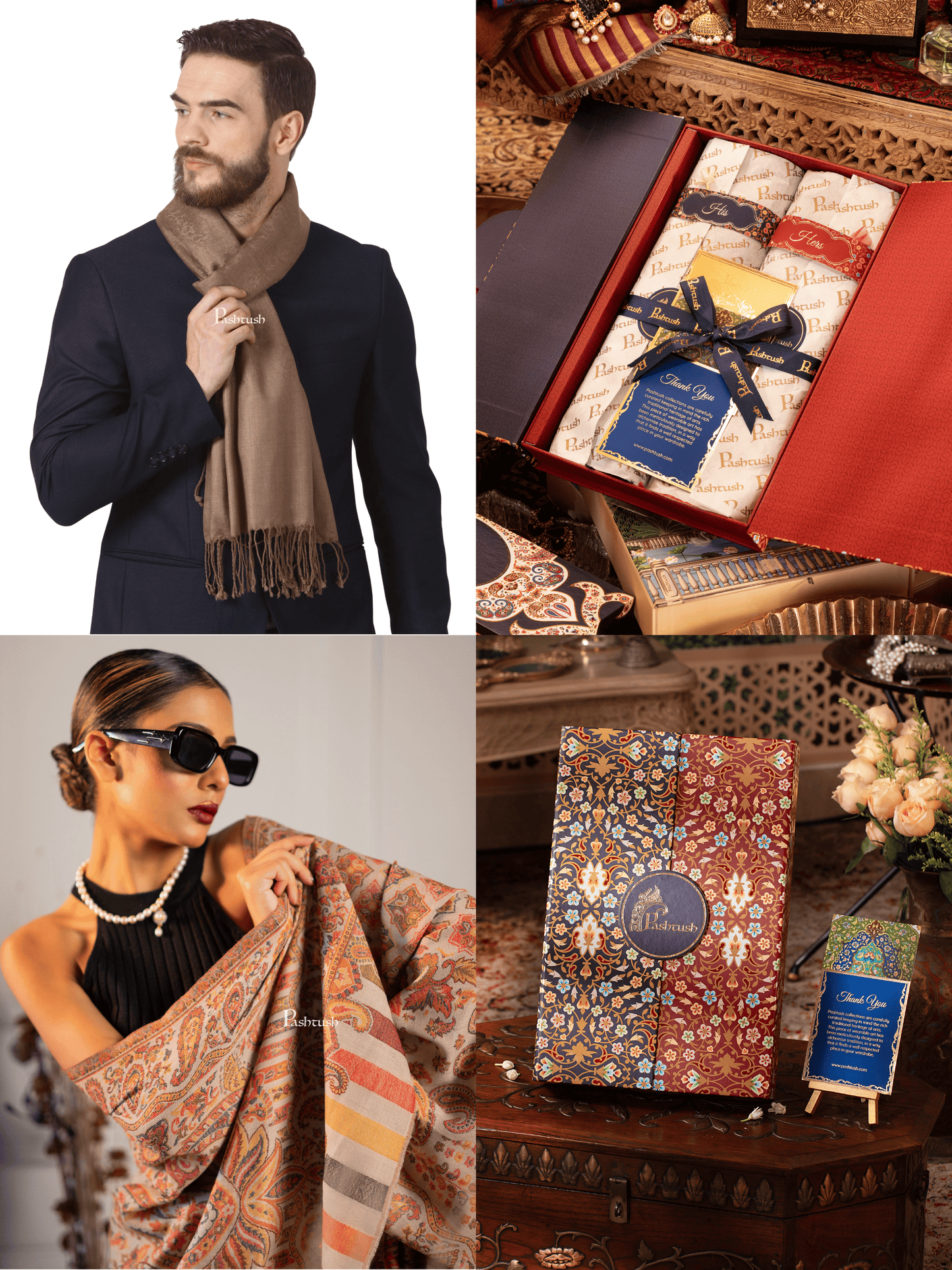 Pashtush India Gift Pack Pashtush His And Her Set Of Mens Fine Wool Muffler and Womens Extra Fine Wool Stole, Premium Gift Box Packaging, Taupe and Beige