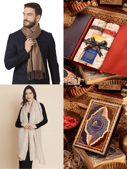 Pashtush India Gift Pack Pashtush His And Her Set Of Mens Fine Wool Muffler and Womens Twilight Shawl, Premium Gift Box Packaging, Taupe and Ivory