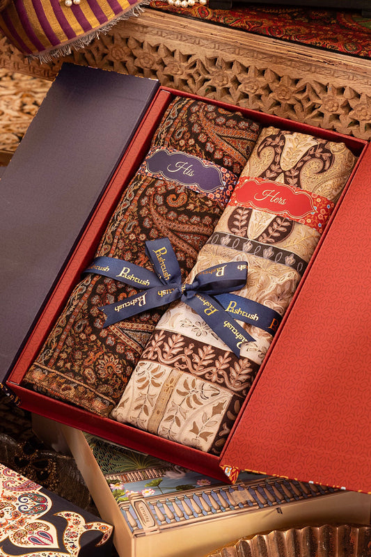 Pashtush India Gift Pack Pashtush His And Her Set Of Mens Fine Wool Palla Shawl and Womens Kalamkari Shawl, Premium Gift Box Packaging, Black and Multicolour