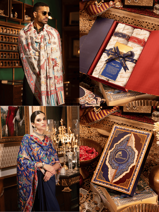 Pashtush India Gift Pack Pashtush His And Her Set Of Mens Fine Wool Shawl and Womens Bamboo Stole, Premium Gift Box Packaging, Ivory and Blue