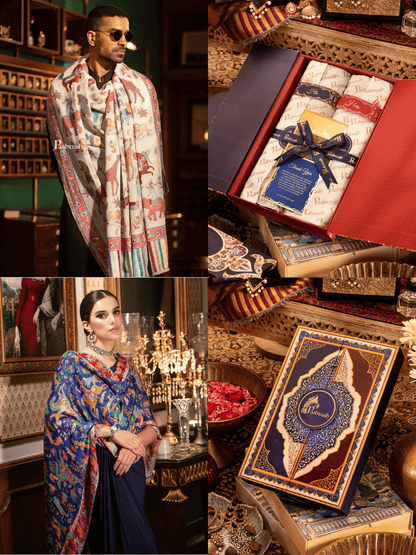 Pashtush India Gift Pack Pashtush His And Her Set Of Mens Fine Wool Shawl and Womens Bamboo Stole, Premium Gift Box Packaging, Ivory and Blue