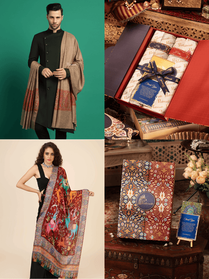 Pashtush India Gift Pack Pashtush His And Her Set Of Mens Fine Wool Shawl and Womens Bamboo Stole, Premium Gift Box Packaging, Taupe and Multicolour