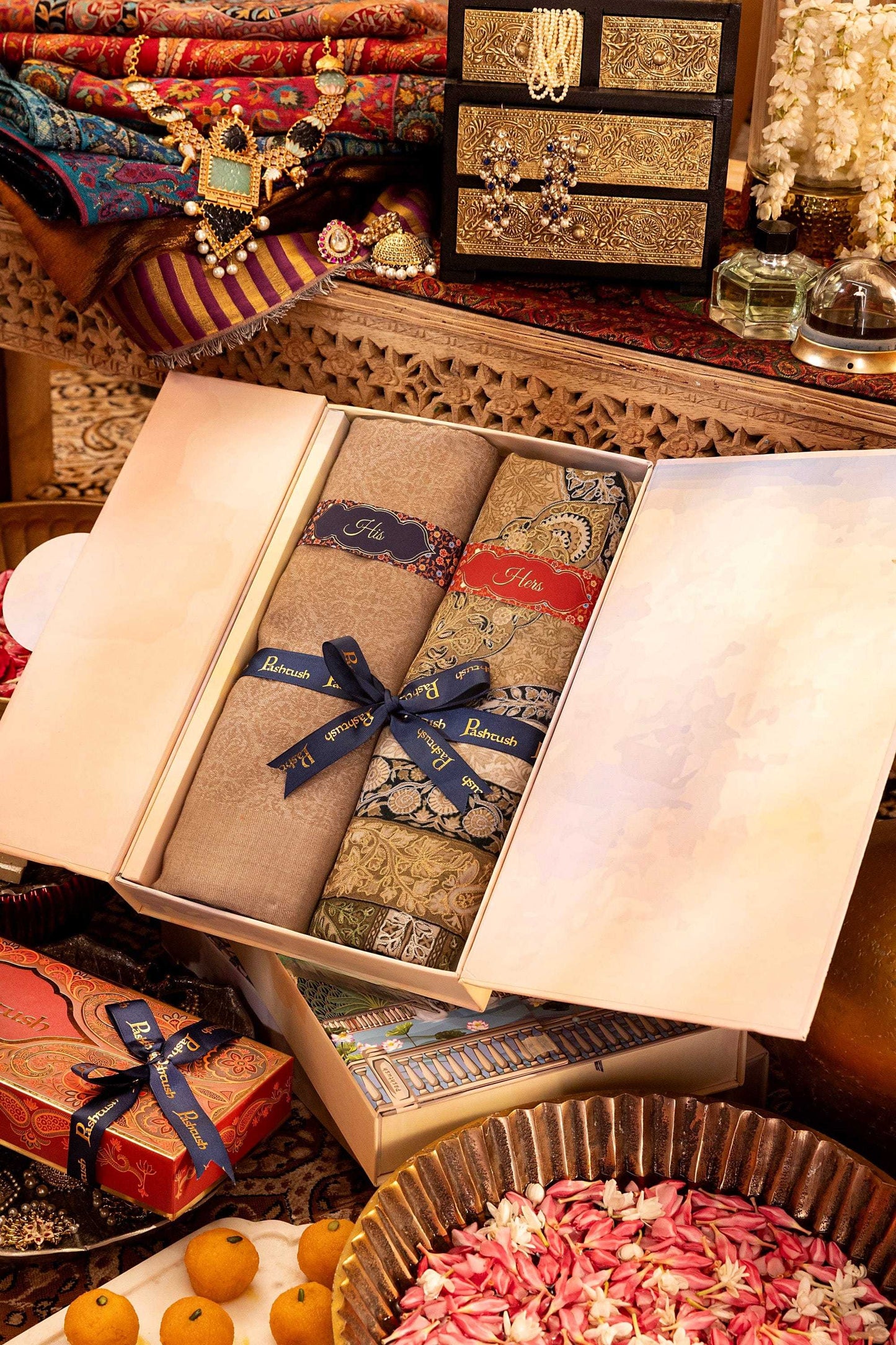 Pashtush India Gift Pack Pashtush His And Her Set Of Mens Fine Wool Shawl and Womens Fine Wool Shawl, Premium Gift Box Packaging, Taupe and Multicolour