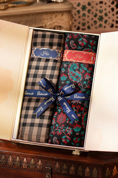Pashtush India Gift Pack Pashtush His And Her Set Of Mens Fine Wool Shawl and Womens Reversible Stole With Premium Gift Box Packaging, Black
