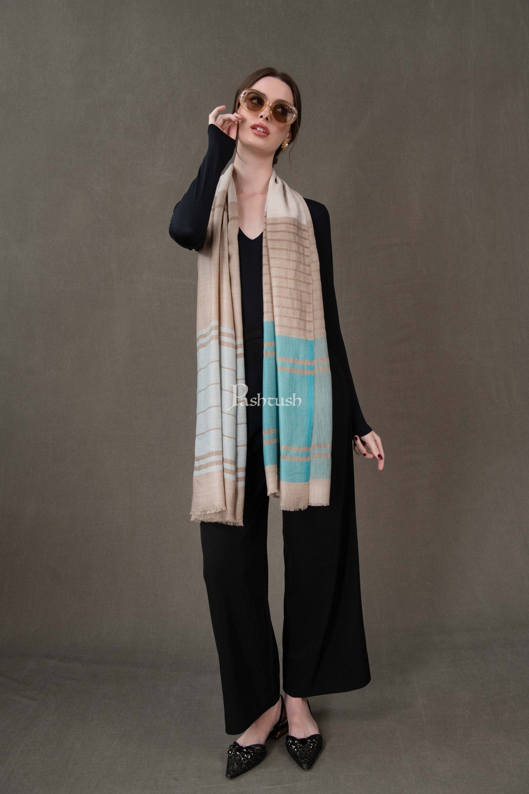Pashtush India Gift Pack Pashtush His And Her Set Of Mens Fine Wool Shawl and Womens Stole, Premium Gift Box Packaging, Beige and Aqua Blue
