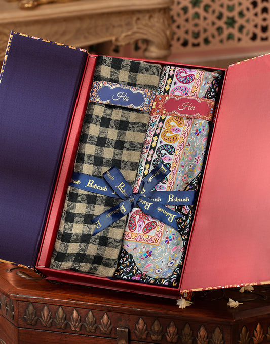Pashtush India Gift Pack Pashtush His And Her Set Of Mens Fine Wool Stole and Womens Bamboo Stole, Premium Gift Box Packaging, Black and Multicolour